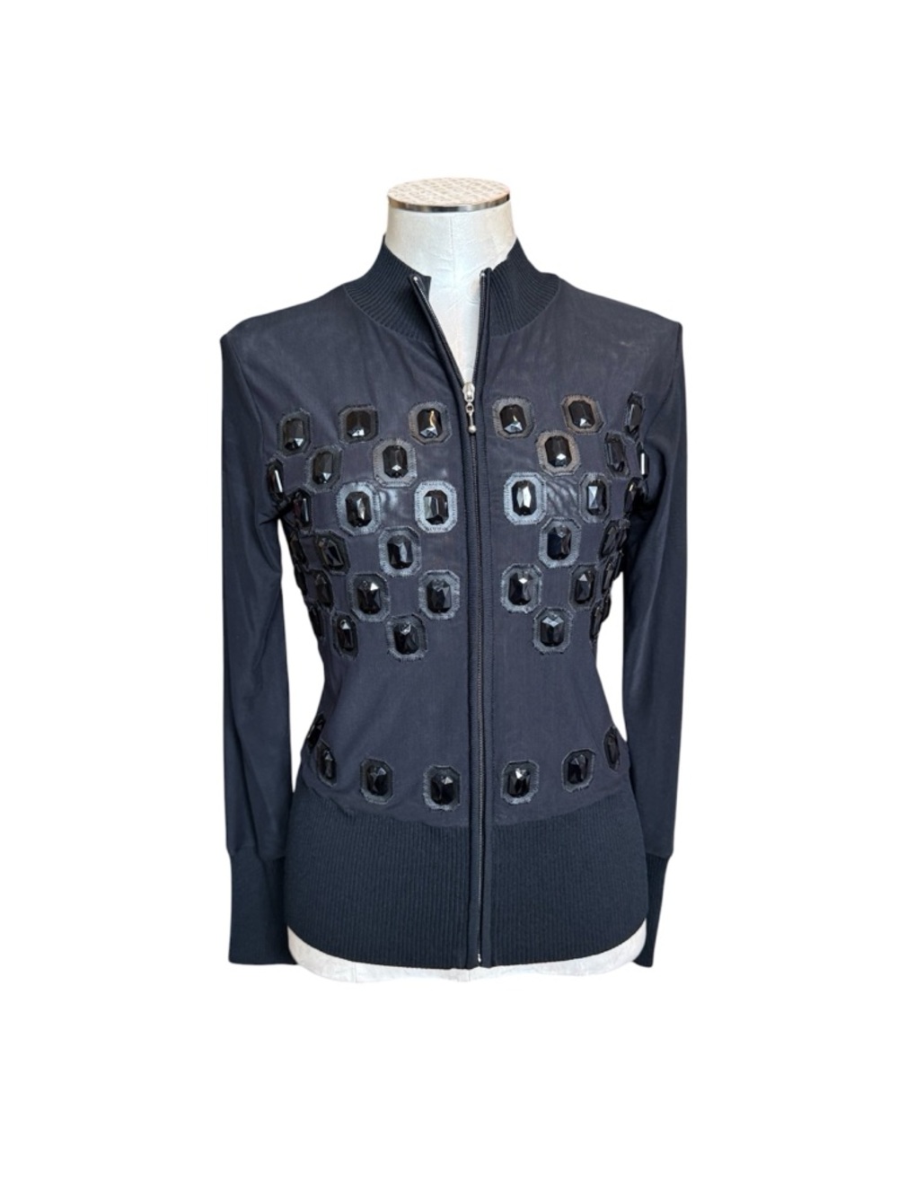 Black Jewel Embellished Zip Front Bomber Jacket Sweater Cardigan Chunky Gems